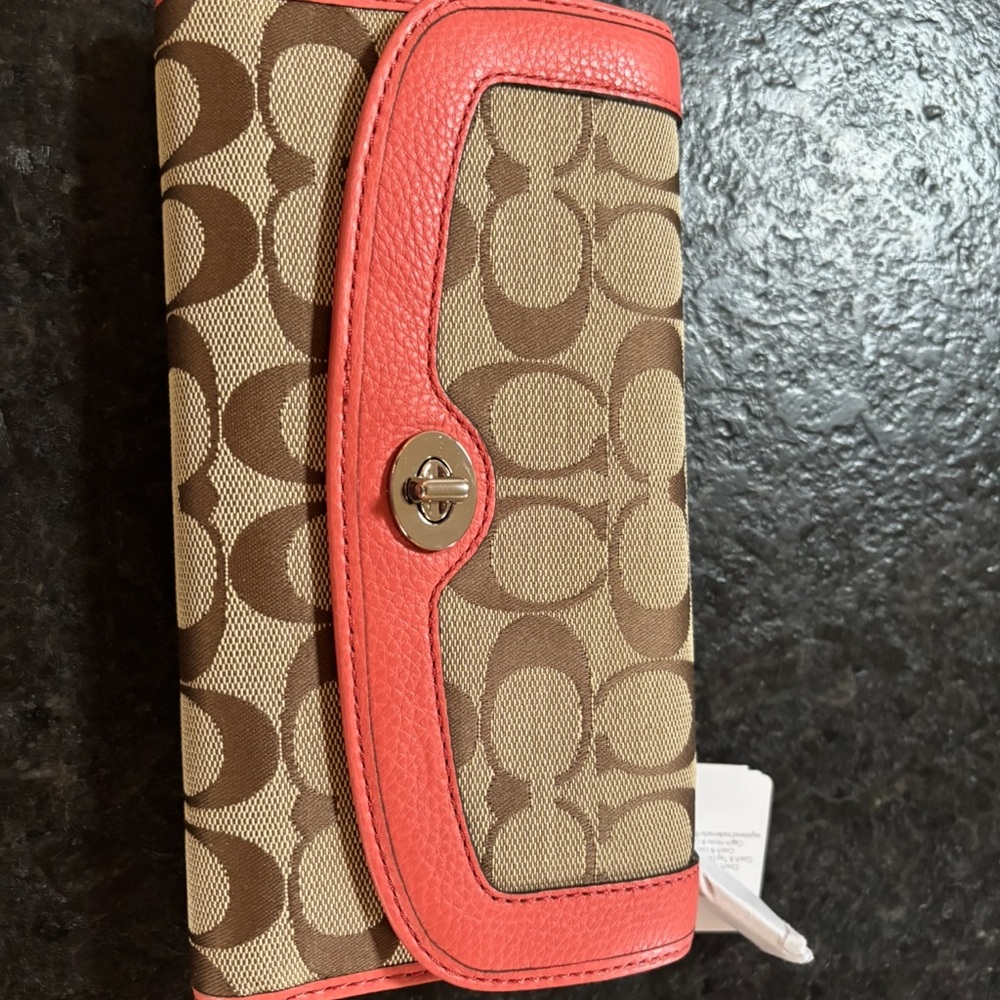 Coach Coral and Tan Signature Wallet